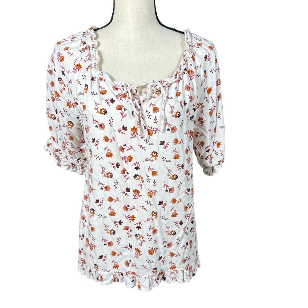 DIP White Floral Puff Sleeve Women's Medium Tops Square Neckline Drawstring Tie